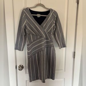Maeve Dress V Neck 3/4 Sleeve Navy and White Medium Anthropologie Faux Wrap